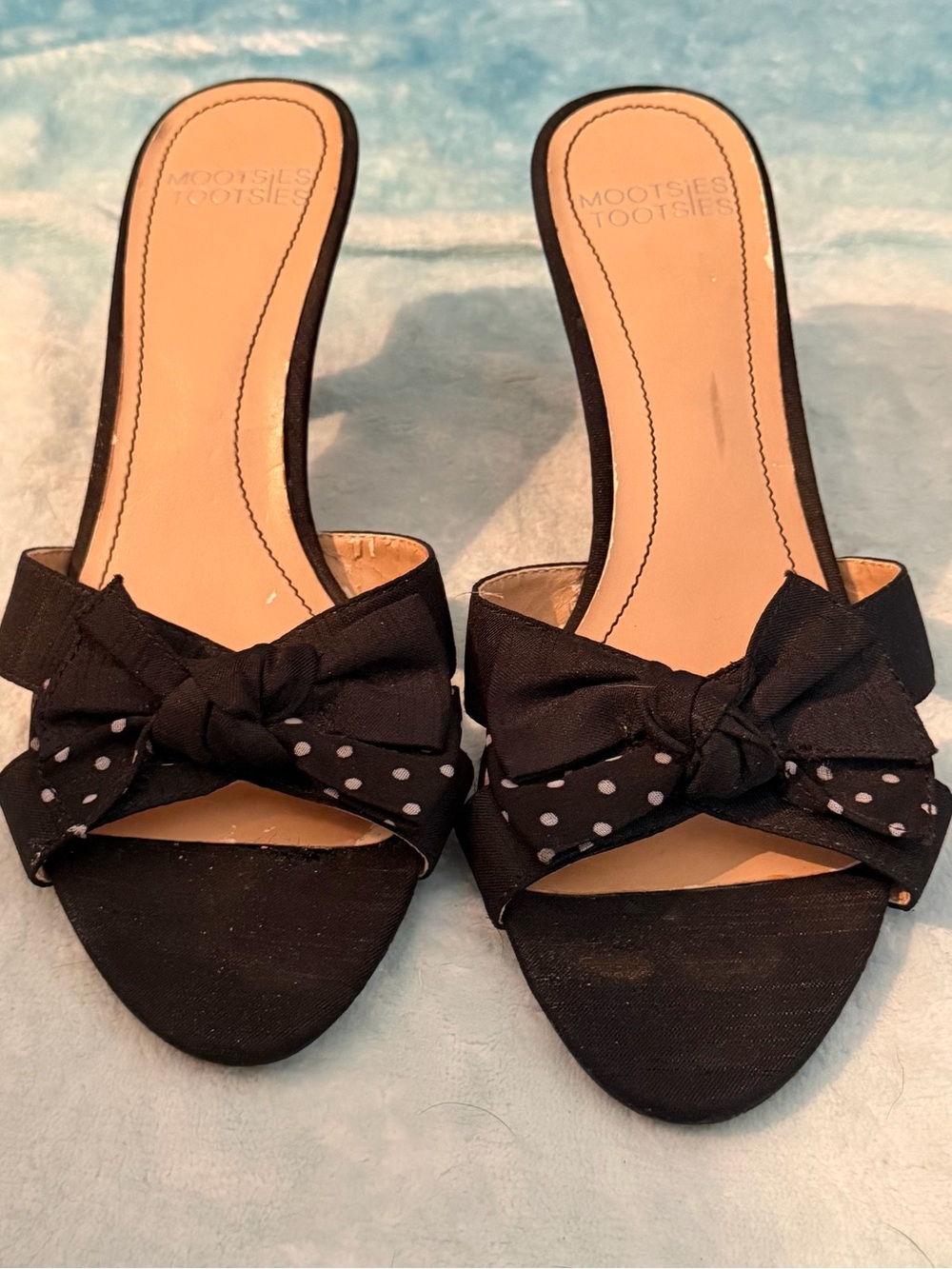 Mootsies Tootsies y2k vintage Kitten Heel Sandals black and white bow polka dot